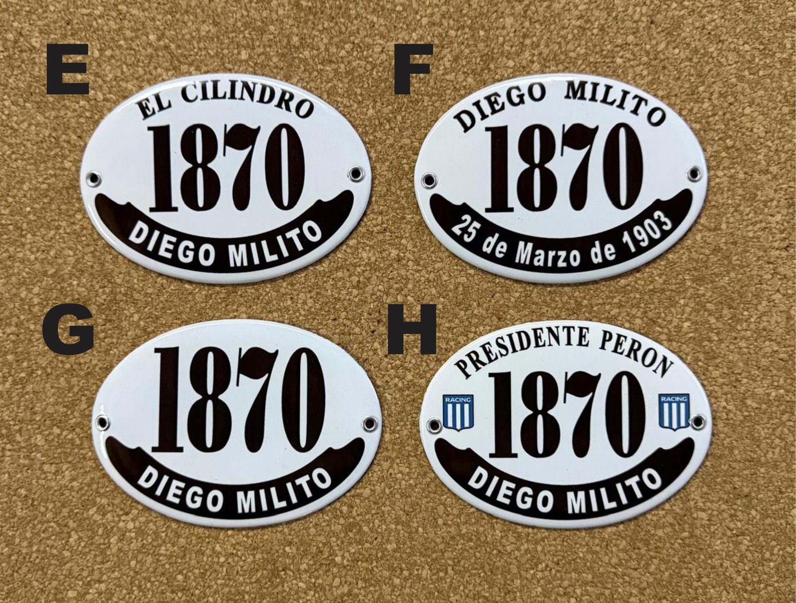 Placas Racing Club — diseños E, F, G y H