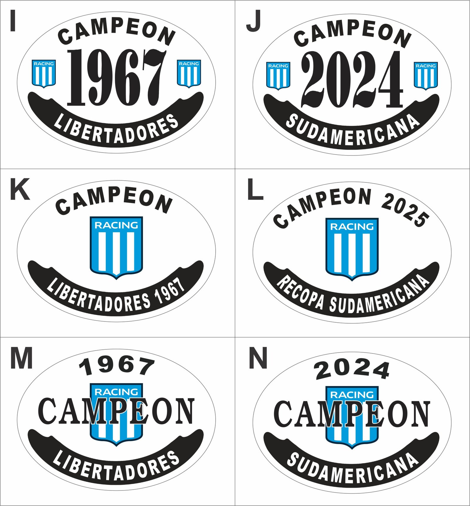 Placas Racing Club — diseños I, J, K, L, M y N